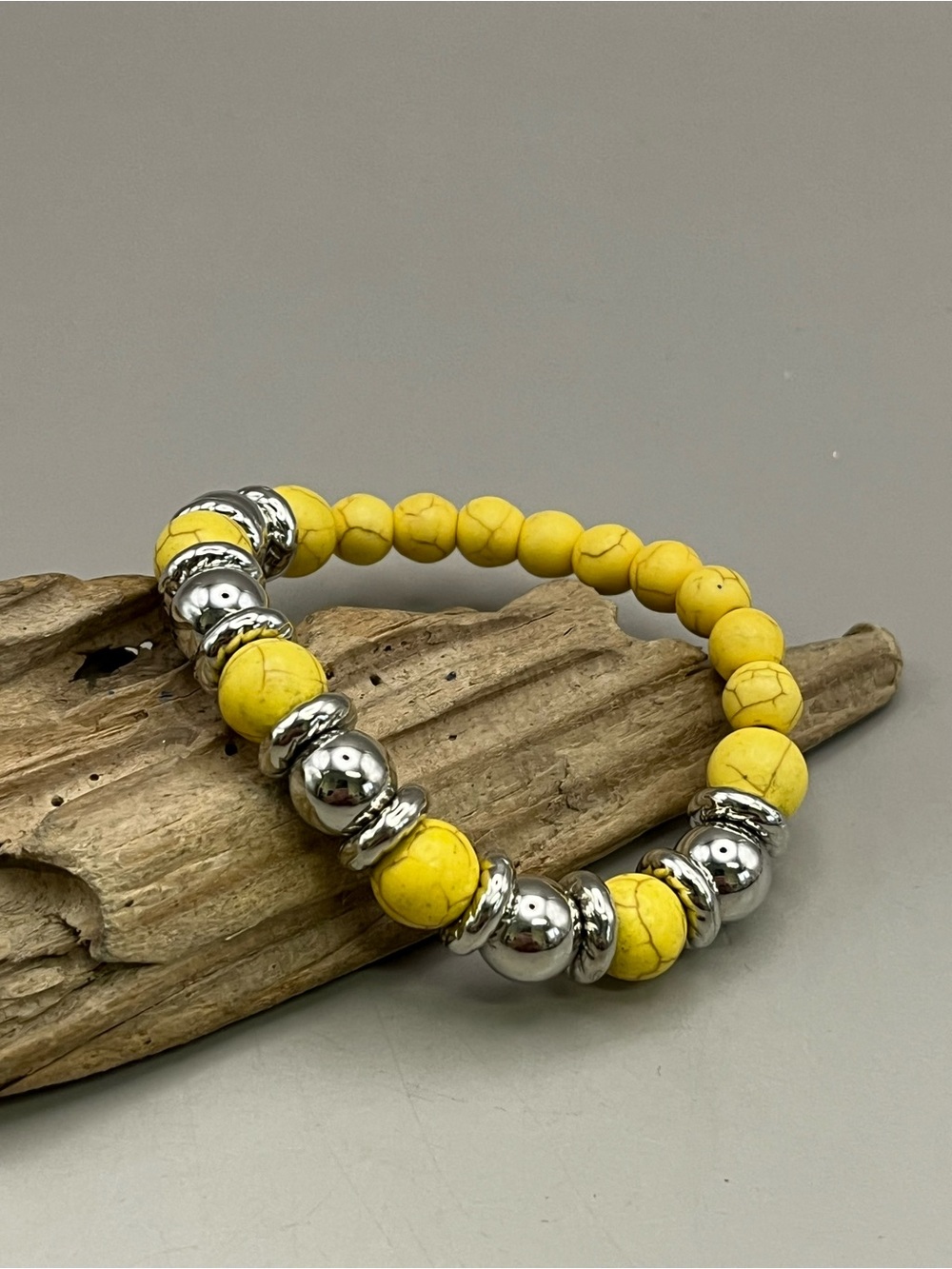 Yellow Howlite Turquoise Stretch Bracelet Silver Tone Beaded Boho Stacking Jewel